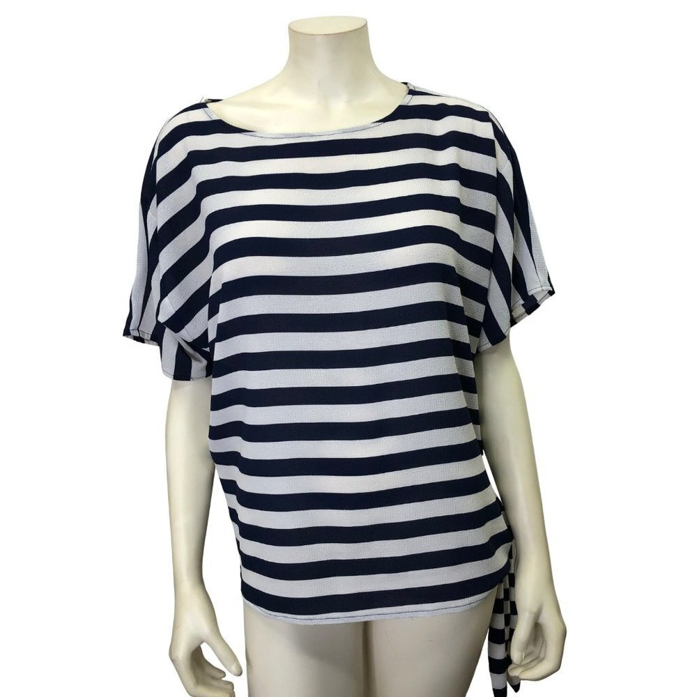 MICHAEL KORS WHITE DARK NAVY STRIPED SHORT SLEEVE TOP‎ SM